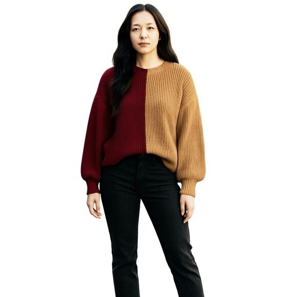 CINQ A SEPT Women’s Burgundy Tan Color Blocked Balloon Sleeve Sweater - Picture 1 of 4